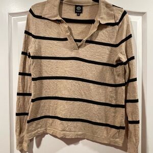 Bobeau V-Neck Sweater in Tan and Black Stripes